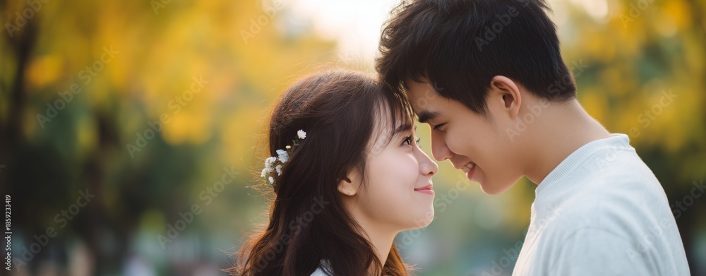 Fototapeta premium Young couple sharing an intimate moment in a park during autumn