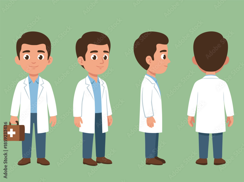 Fototapeta premium Cartoon Doctor Character Set Front Side Back View.