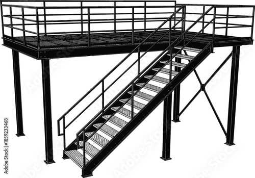 Industrial steel platform with staircase flat vector illustration showing metal construction structure, safety railings, engineering access system isolated on white background