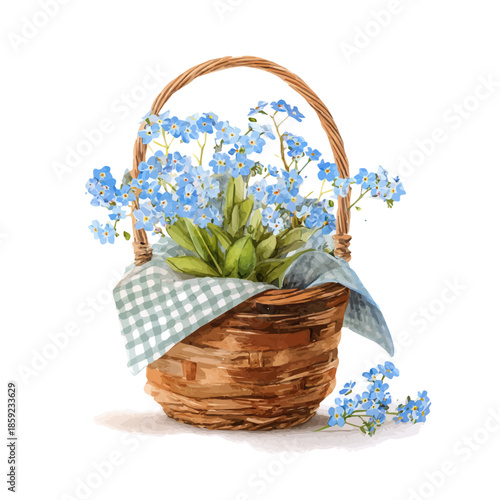 Forget-me-not Basket, watercolor clipart vector, isolated on a white background.