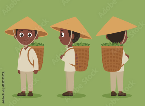 Cartoon illustration of a tea picker with a basket.