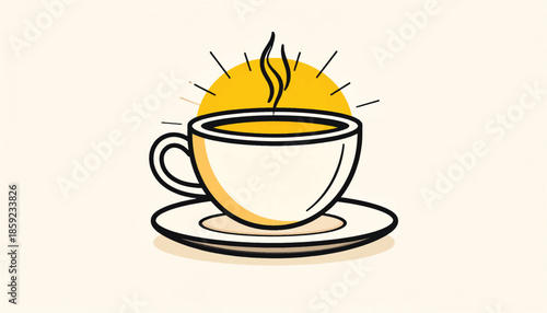 Illustration of a steaming cup of coffee with a sunburst background.