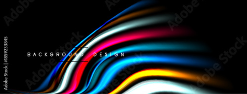 Abstract colorful lines form dynamic shape against black backdrop. Vivid gradients create modern visual effect. Smooth curves suggest movement.