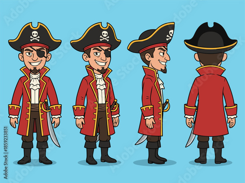 Cartoon Pirate Character Design Front Side Back View.