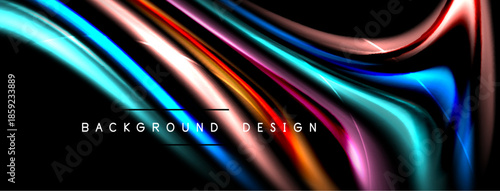 Abstract colorful waves flow across black background. Dynamic light effects create modern design element. Vivid hues blend seamlessly.