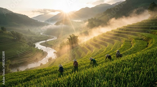 Farmers working on lush green rice terraces at sunrise