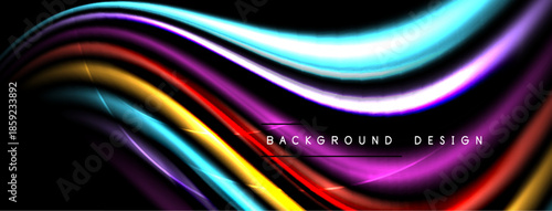 Abstract flowing lines create vibrant wave pattern. Dark background emphasizes colorful light streaks, modern design element.