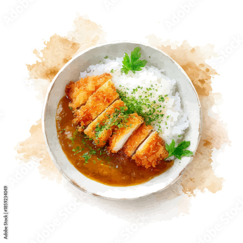 Katsu Curry, watercolor vector, isolated on a white background.