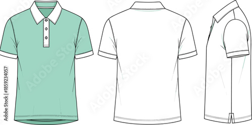 Men polo shirt front back and side view technical sketch cad drawing flat vector illustration for fashion apparel design