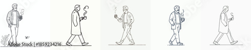 vector of a grandfather walking leisurely enjoying coffee