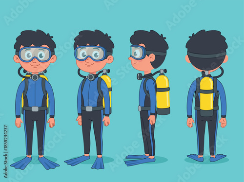 Cartoon Scuba Diver Character Set.