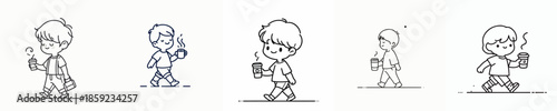 vector of a little boy walking leisurely enjoying coffee