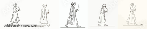 vector of a grandmother walking leisurely enjoying coffee
