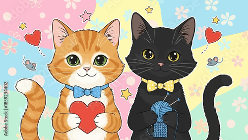 Adorable cats with heart and yarn in colorful background