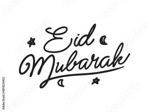 Friendly handwritten "Eid Mubarak" script with crescent moon and star doodles illustration. Minimalist hand-drawn vector lettering for Islamic holiday greeting cards, Ramadan celebration, and social m
