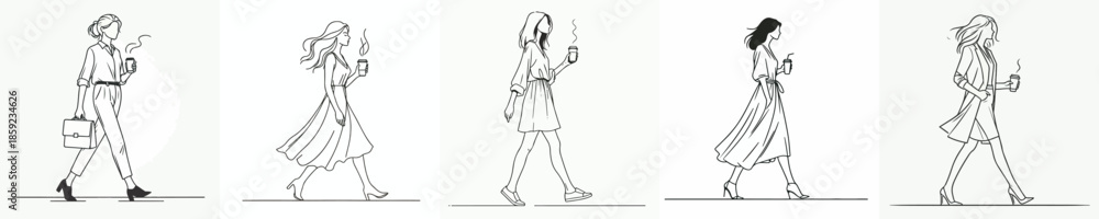 Fototapeta premium vector of a woman walking leisurely enjoying coffee