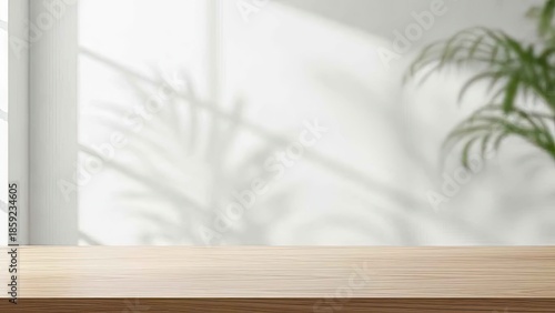 Minimalist White Wall With a Wooden Shelf and Dramatic Tropical Plant Shadow