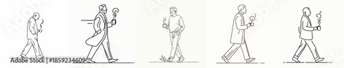 vector of a grandfather walking leisurely enjoying coffee