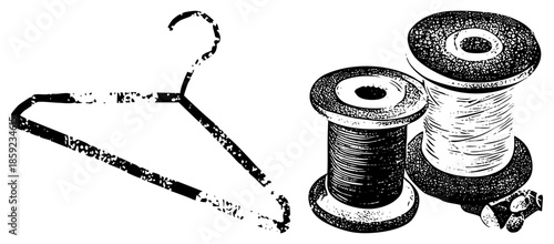 clothing hanger and thread spools