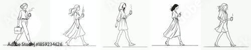 vector of a woman walking leisurely enjoying coffee