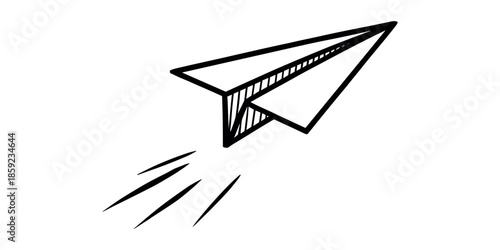 Black and white paper airplane in motion flying speed lines