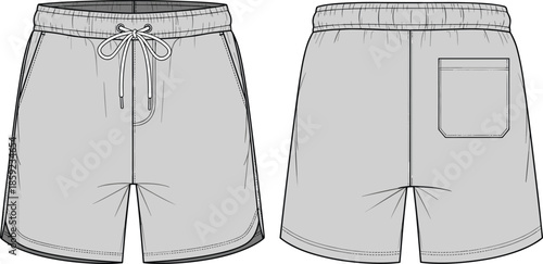 Men’s casual shorts technical CAD drawing flat vector illustration showing front and back views with drawstring waistband for apparel design
