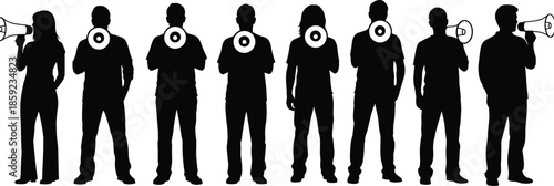 Silhouette group of diverse people holding megaphones and targets symbolizing communication, marketing, leadership, teamwork, influence, and public announcement concepts