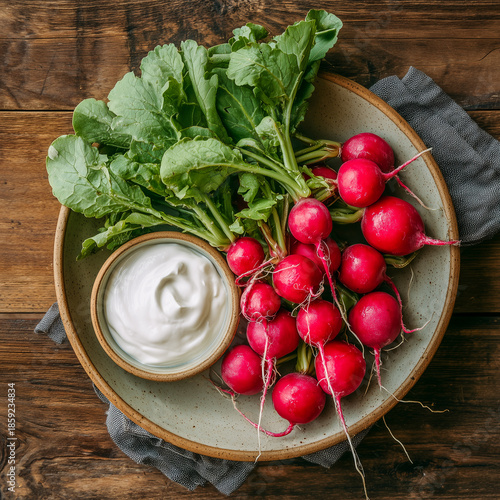 Fresh radishes with leaves and bowl of sour cream dip on rustic wooden table