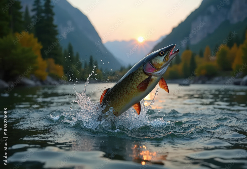 Fototapeta premium Close-up of big trout fish jumping from water with bursts in high mountain clean lake or river, at sunset or dawn, picturesque mountain summer landscape. Copy space.