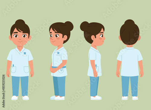 Cartoon Nurse Character Front Side Back View.