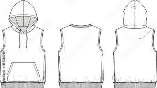 Sleeveless hoodie front back and hood view technical sketch cad drawing flat vector illustration for fashion apparel design