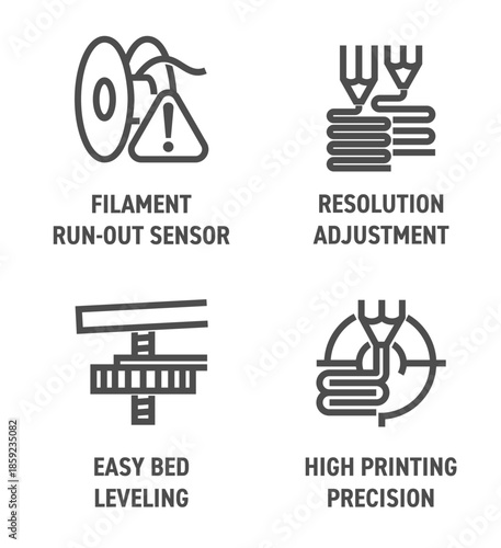 3D printer icons in bold line - adjustment, run-out sensor, precision, bed leveling