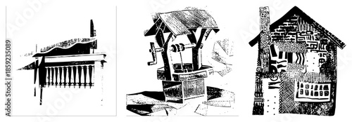 three stylized architectural structures in black and white vector art