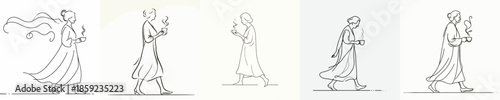 vector of a grandmother walking leisurely enjoying coffee