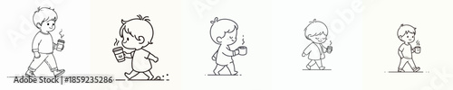 vector of a little boy walking leisurely enjoying coffee