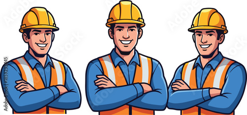 Smiling construction workers flat vector illustration showing professional builders wearing safety helmets, industrial uniforms, teamwork concept isolated on white background