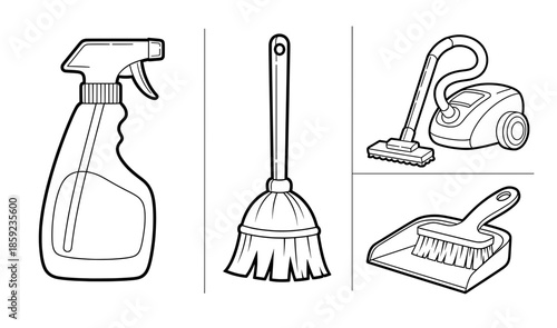 Cleaning supplies illustration featuring spray bottle, broom, vacuum cleaner, and dustpan, showcasing essential tools for maintaining a tidy and organized environment