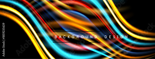 Abstract neon lines create dynamic flow. Vibrant colors blend, forming modern background design. Bright illumination contrasts dark space.
