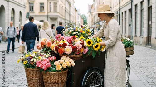 Woman arranging vibrant flowers in wicker baskets on a bicycle cart in a charming cobblestone street