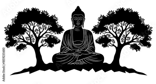 Black silhouette of a serene Buddha figure seated in meditation, surrounded by two stylized trees, representing tranquility, peace, and spiritual harmony in a minimalist design