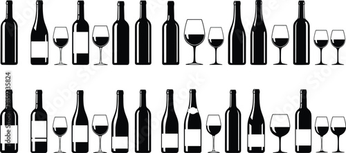 Wine bottles and glasses silhouette set vector illustration featuring assorted wine packaging shapes, bar elements, minimal black icons isolated on white
