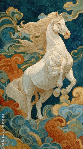 Mythic chinese celestial horse rearing among clouds