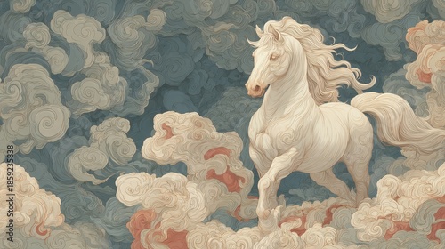 Mythic chinese celestial horse standing in swirling clouds