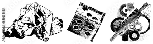 crumpled paper dice rolling pin abstract