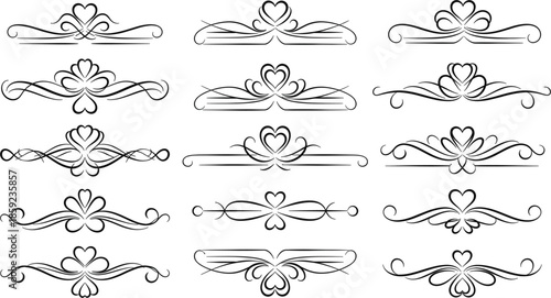 Elegant black and white vector dividers featuring heart shapes and swirls are arranged for classic decorative calligraphy on a white background.