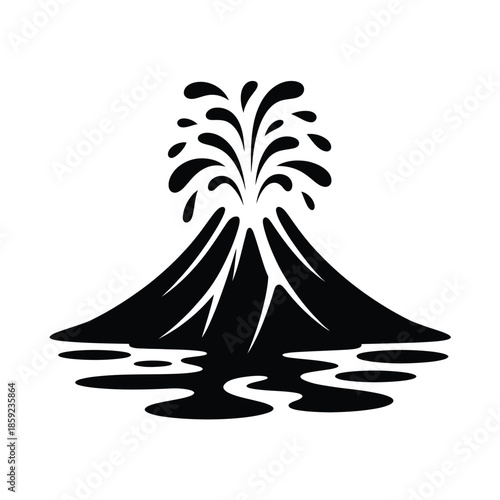 Black and white illustration of a volcano erupting with flowing lava