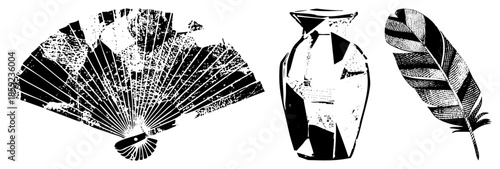 fan vase feather black and white vector set