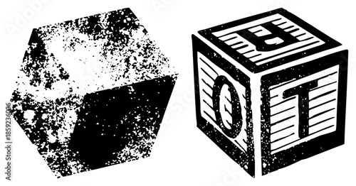 two stylized cubes one textured one lettered