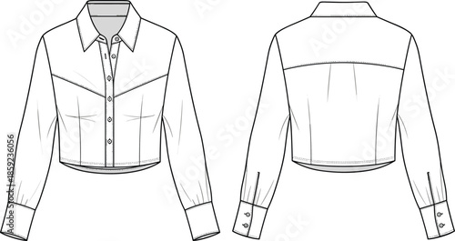 Women cropped jacket front and back view technical sketch cad drawing flat vector illustration for fashion apparel design