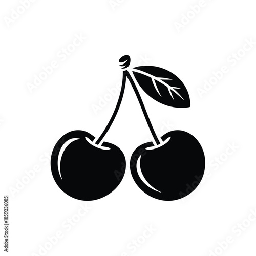 A simple black and white illustration of two connected cherries